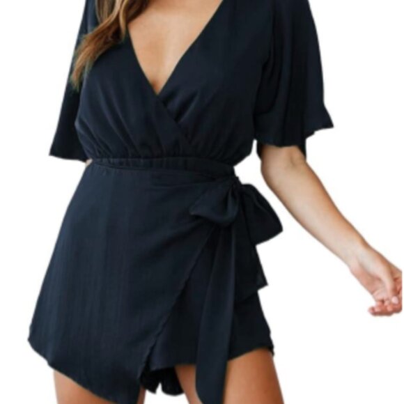 Flared Sleeve Romper V Neck Waist Tie Knot Solid Romper Casual - Picture 10 of 12